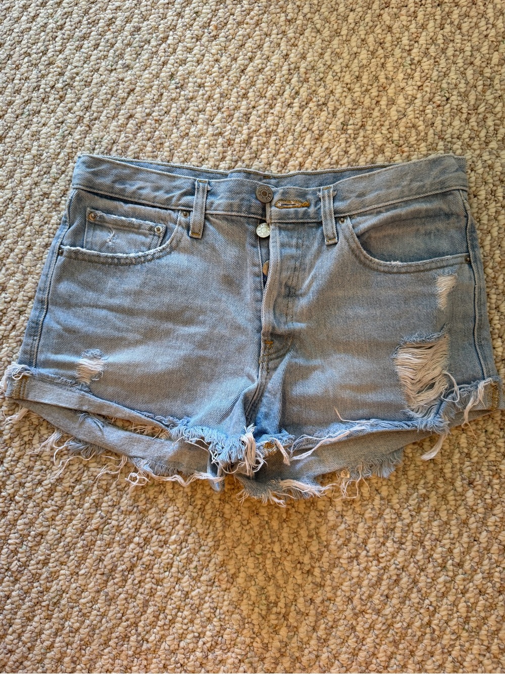 BDG Light Blue Distressed High-Rise Jean Shorts